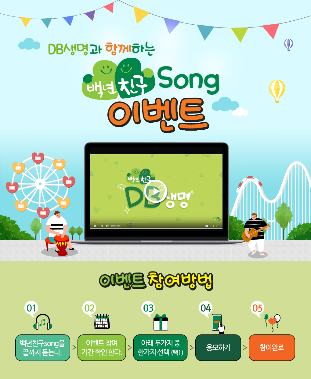 DB생명과 함께하는 백년친구 Song 이벤트 이벤트 참여방법 01 백년친구song을 끝까지 듣는다. 02 이벤트 참여 기간 확인한다. 03 아래 두가지 중 한가지 선택 (택1) 04 응모하기 05 참여완료